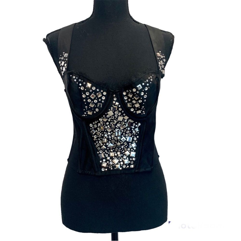 Victoria’s Secret black metallic silver stud rhinestone bustier corset 36C NWOT